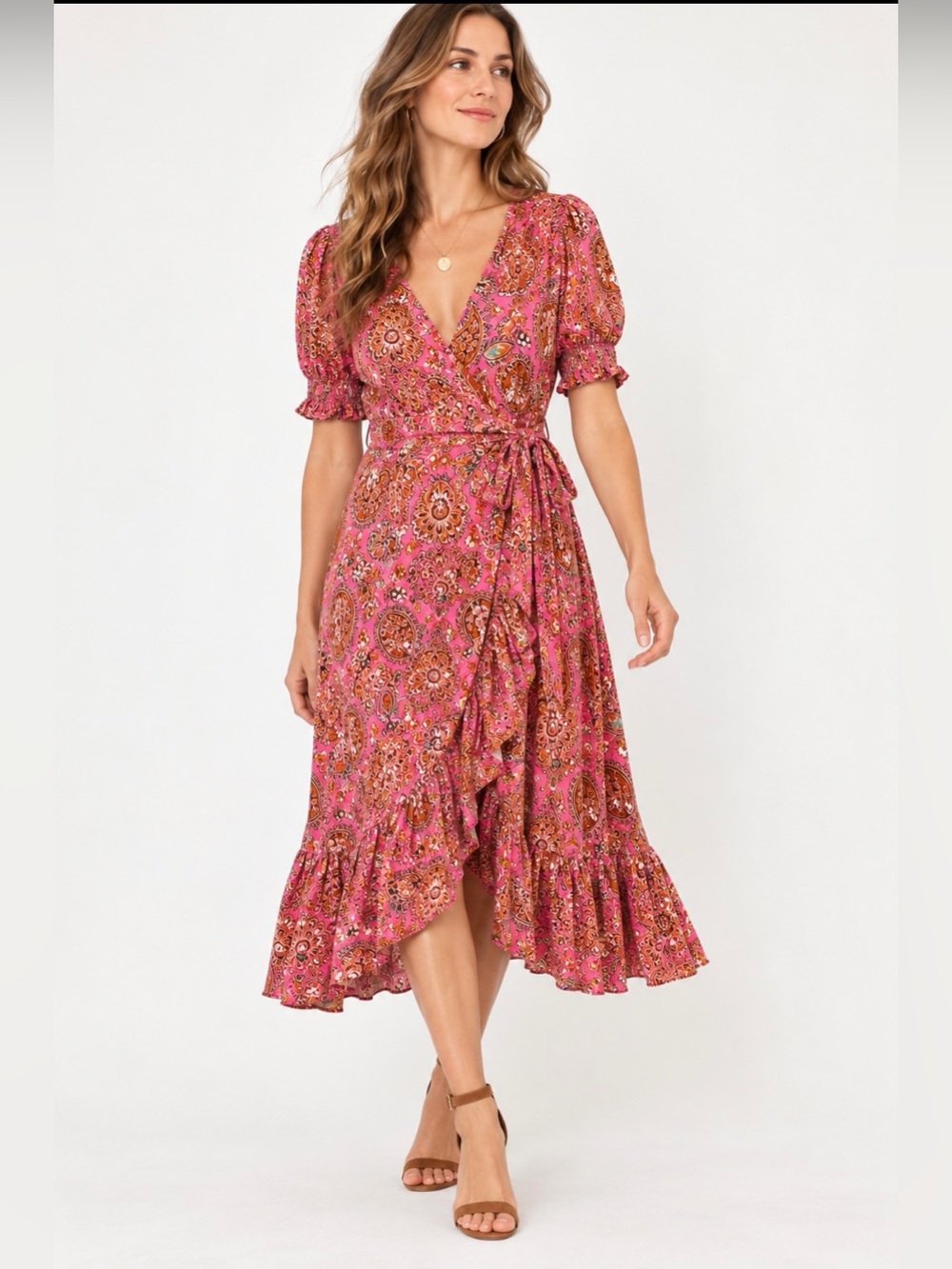 Boden Pink Paisley Jersey Wrap Midi Dress 14L Long NWOT